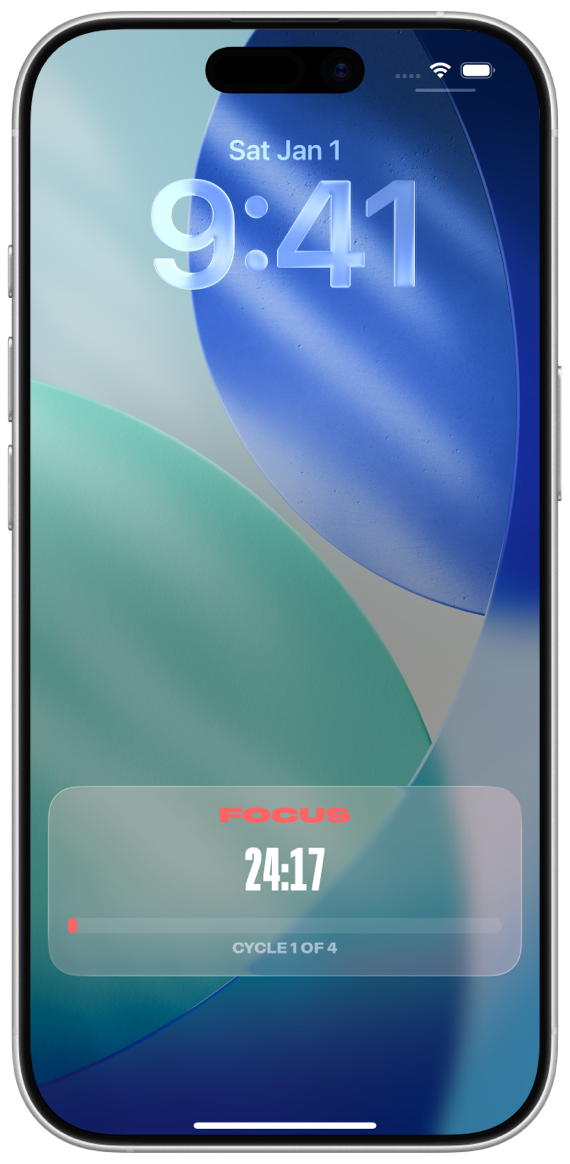 pom-pom timer running on the iOS Lock Screen with Live Activities
